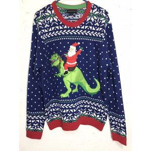 Blizzard Bay Christmas Sweater Men's L Santa On A T-Rex Dinosaur With Bells